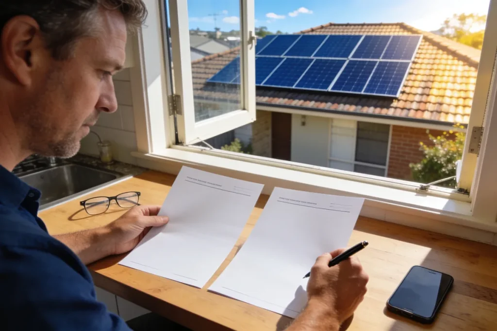 Homeowner comparing two solar installation quotes at a kitchen table while solar panels sit on the roof visible through the window.