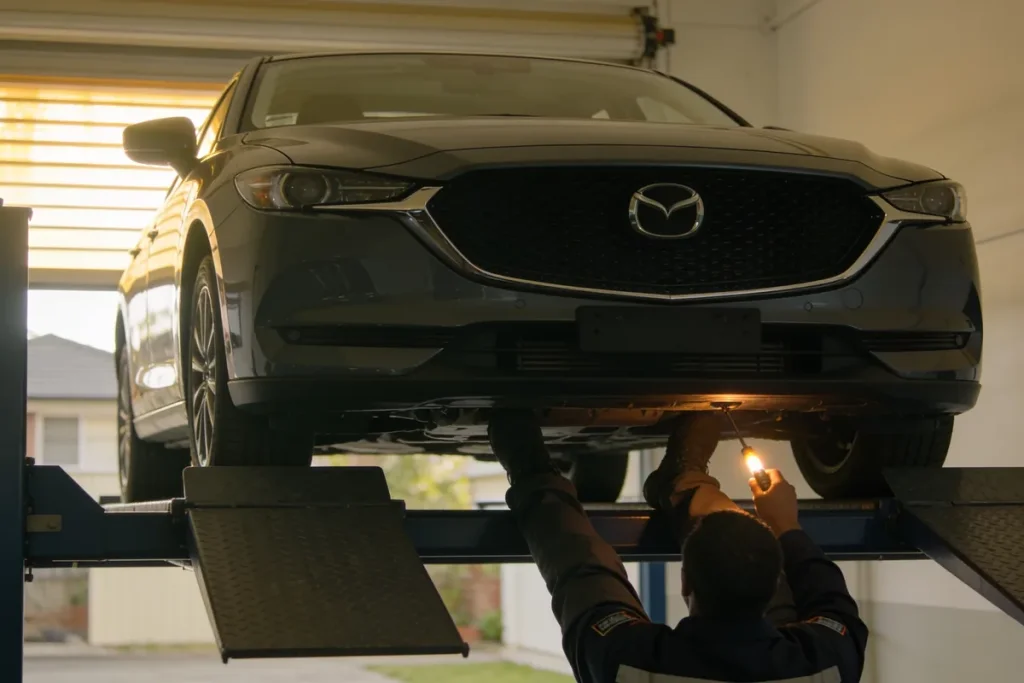 Car being inspected on a hoist at an Australian roadworthy station