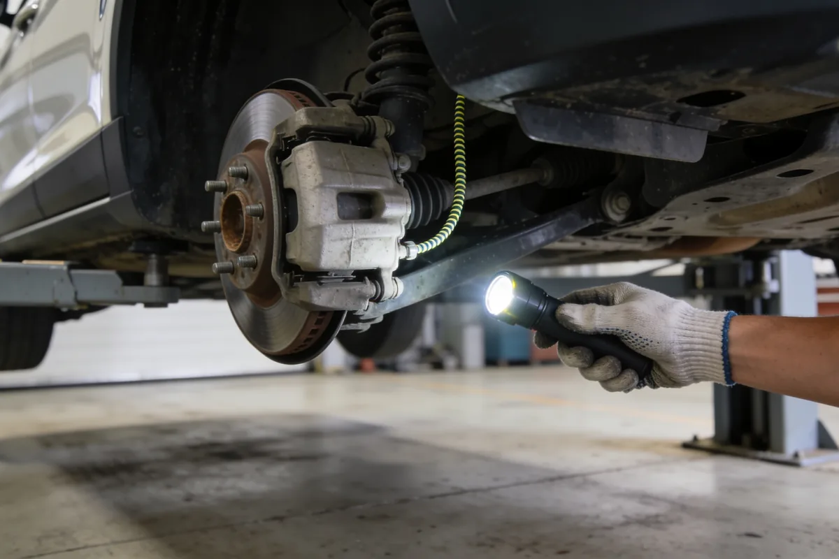 Inspector checking a car suspension component from underneath on a workshop hoist