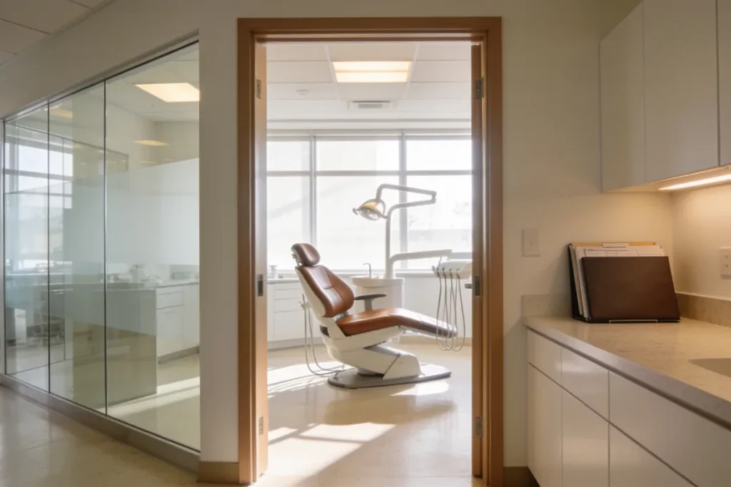 Bright modern dental practice reception with a friendly dentist team