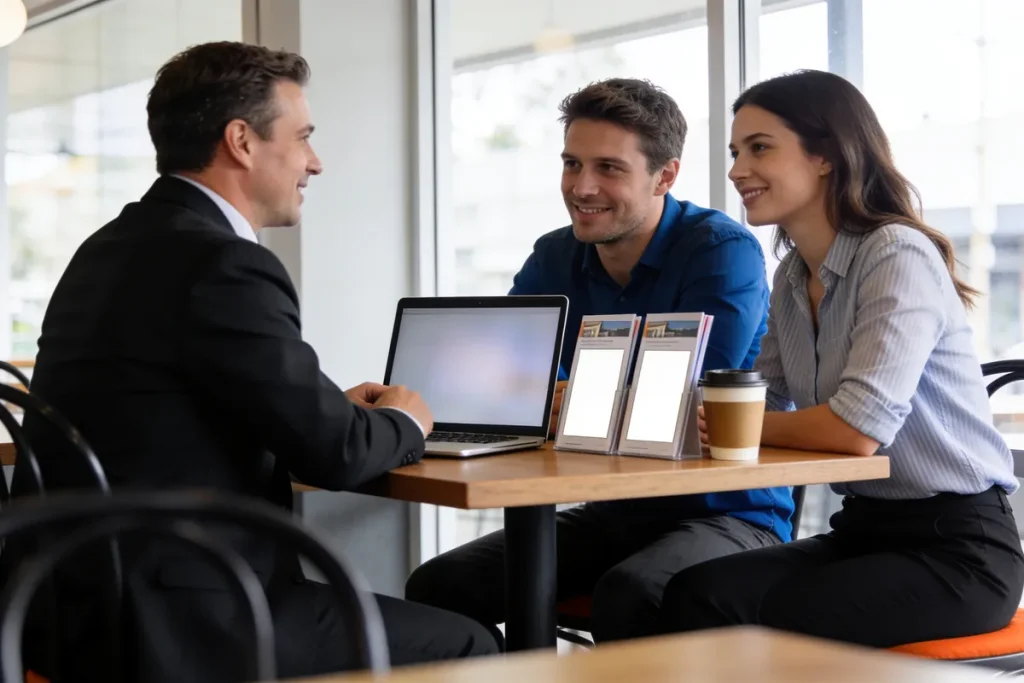 A couple discussing home loan options with a mortgage broker over coffee in a cafe