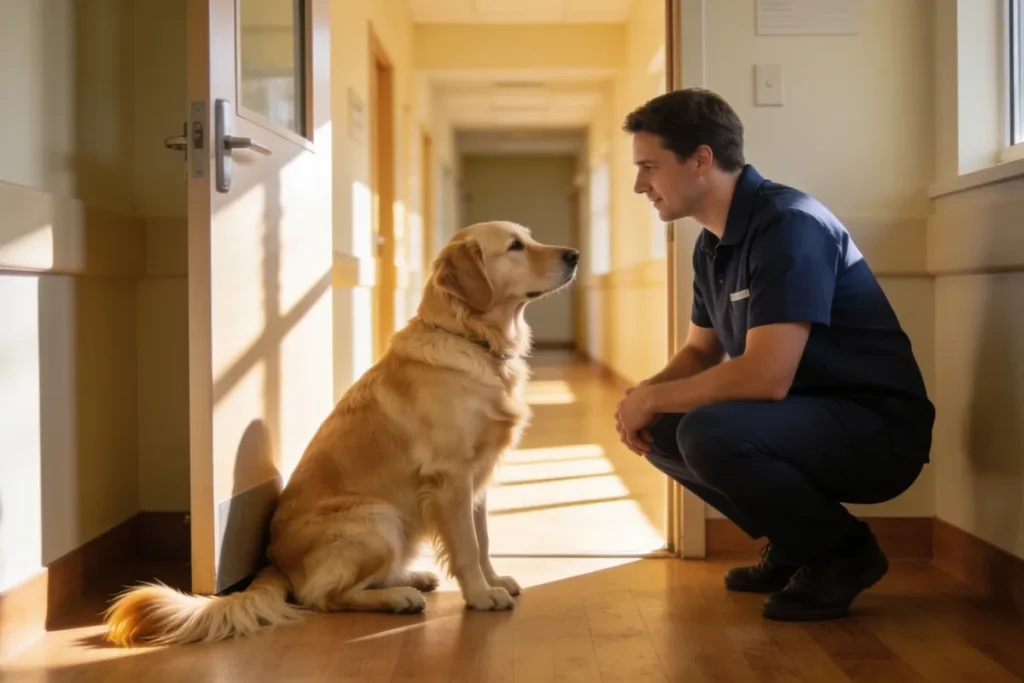 Vet gently examining a calm cat on a consult table in a bright Australian clinic
