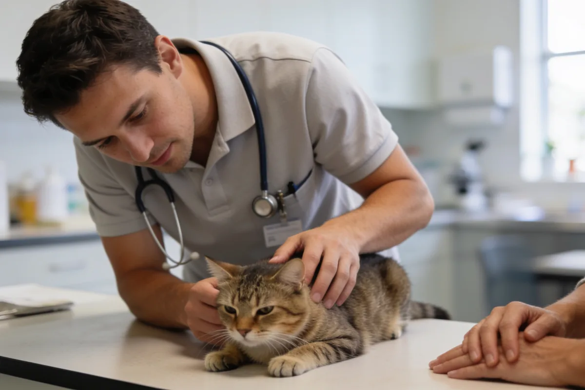 Vet in a plain polo examining a calm cat while the owner sits nearby