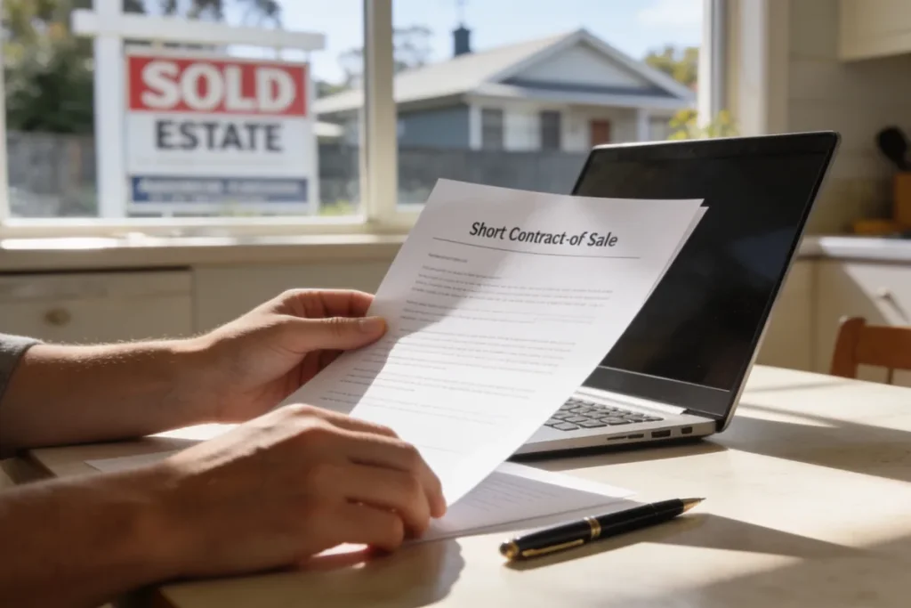 Couple reviewing property settlement documents with a conveyancer