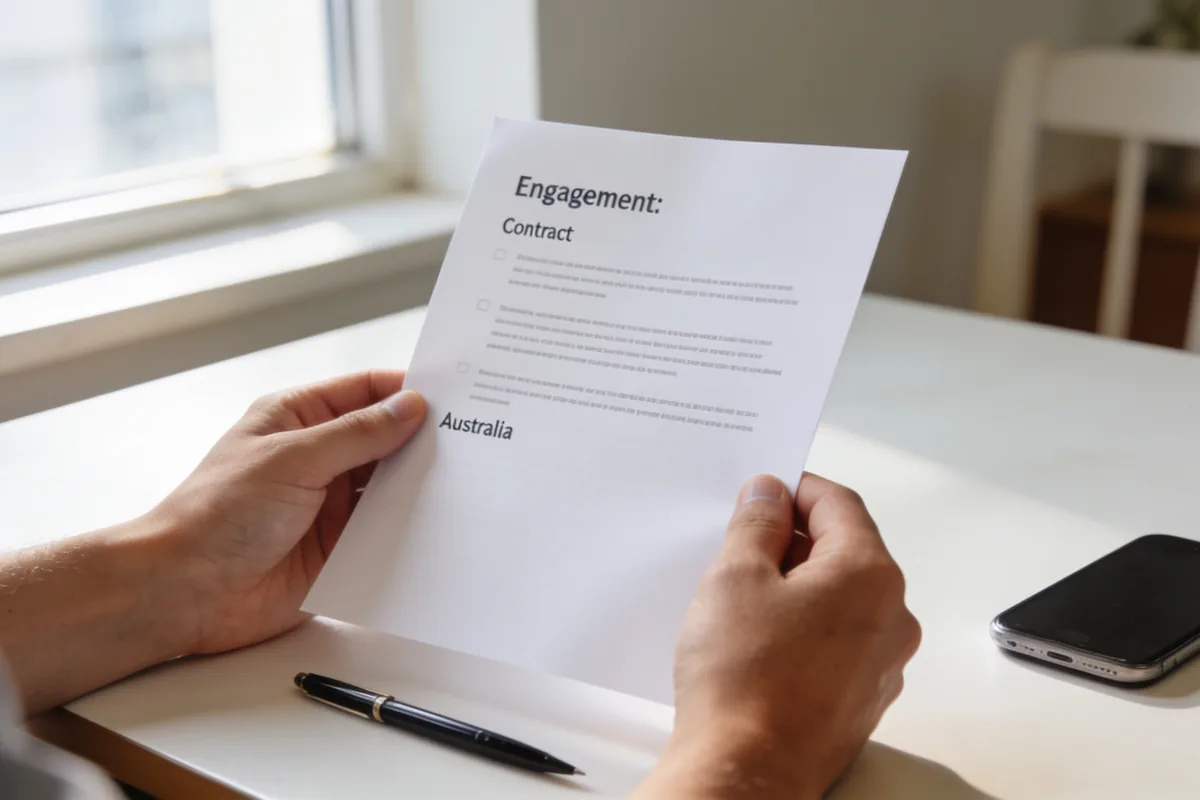 Hands holding a signed contract and engagement document at an Australian dining table