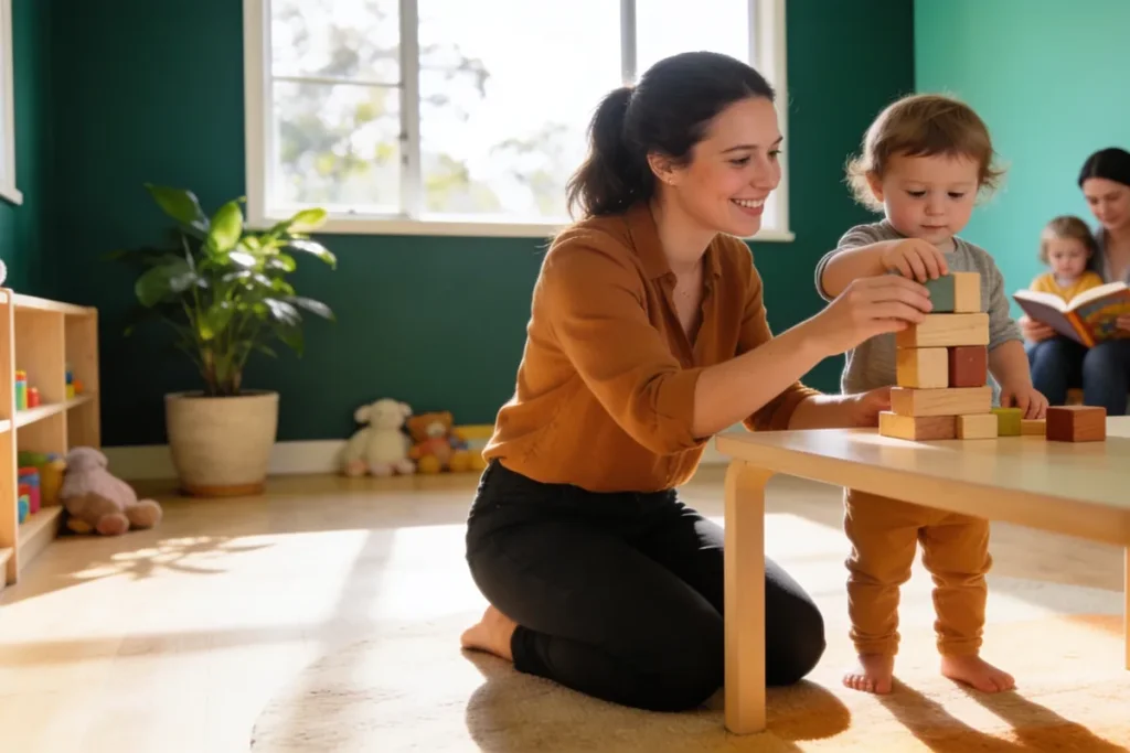 An early childhood educator sitting on the floor with a toddler and coloured building blocks at a childcare centre