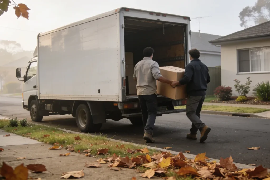 Removalists carrying furniture into a removal truck on a sunny Australian street