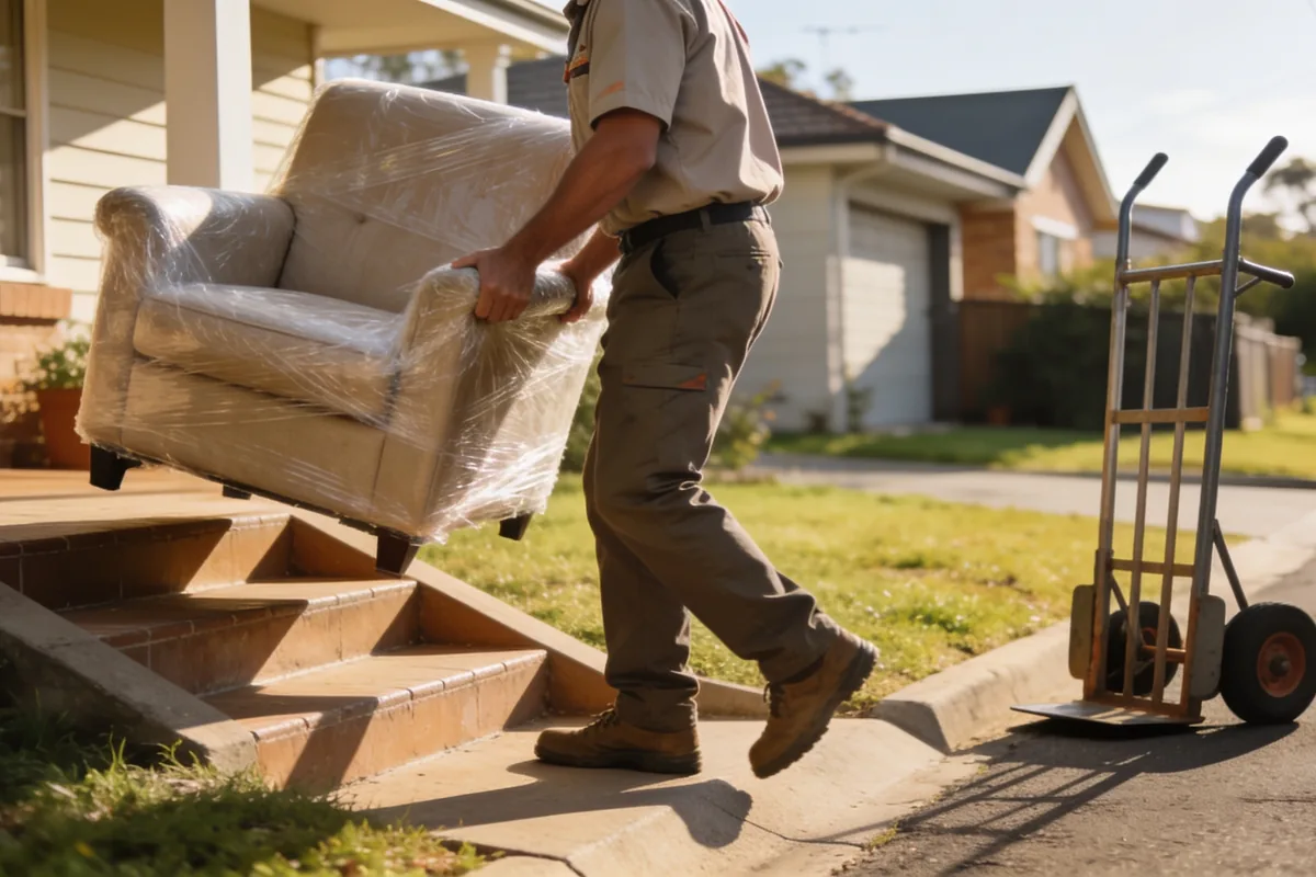 Removalist carrying a wrapped armchair down front steps with a hand-truck nearby