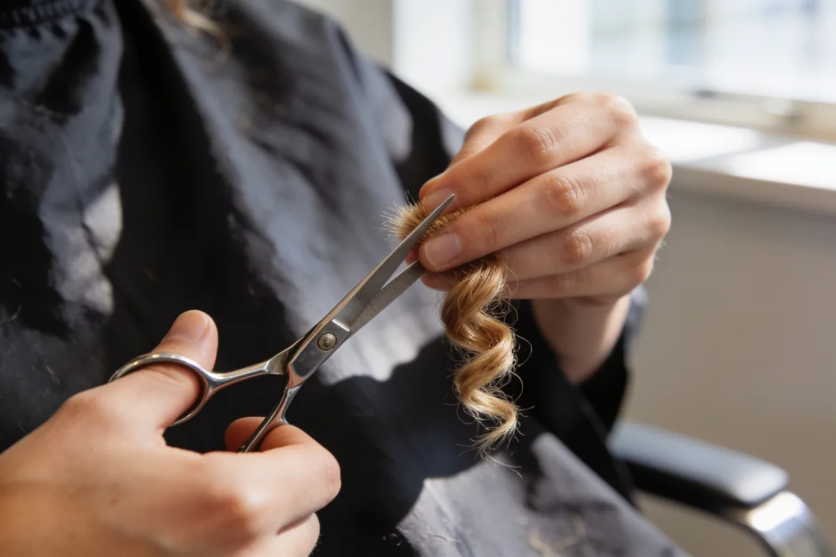 Stylists hands cutting a single dry curl with fine scissors against a dark cape