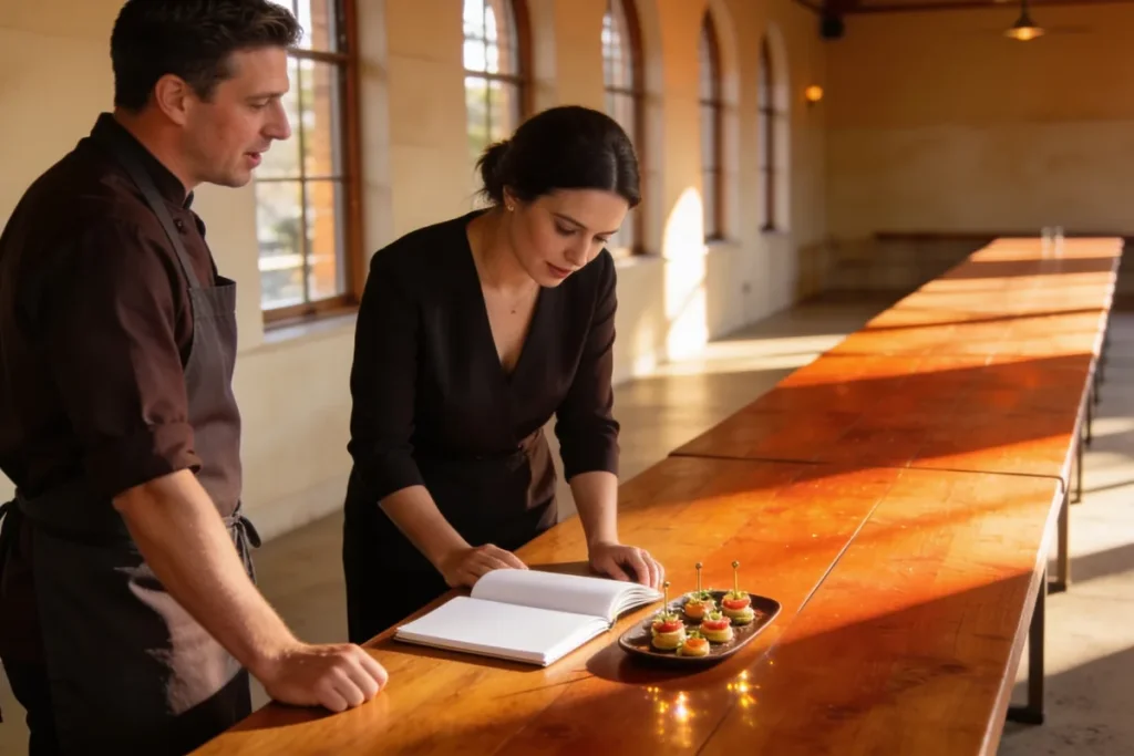A host asking a caterer menu and booking questions before confirming an event