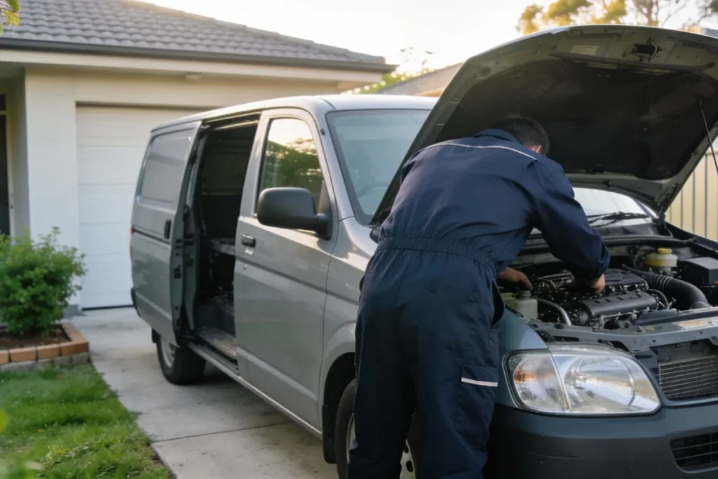 Mobile mechanic servicing a car on a suburban Australian driveway