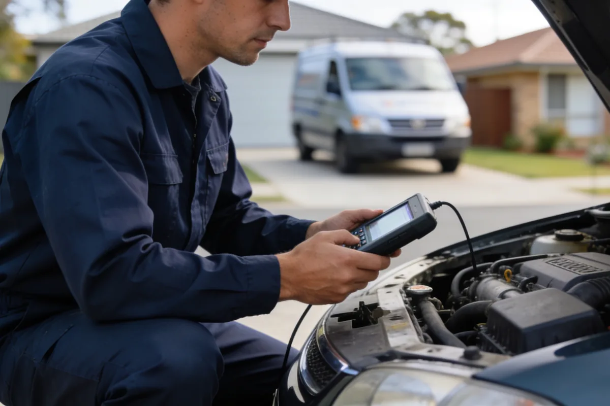 Qualified mechanic in clean workwear running a diagnostic check beside a car on a driveway