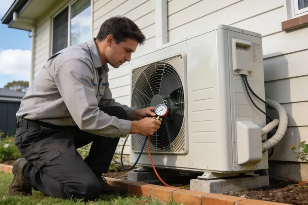 A technician in plain work clothes kneeling beside an outdoor condenser unit of a split-system air conditioner against the wall of an Australian home, checking it with a gauge