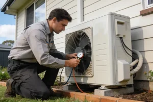 A technician in plain work clothes kneeling beside an outdoor condenser unit of a split-system air conditioner against the wall of an Australian home, checking it with a gauge