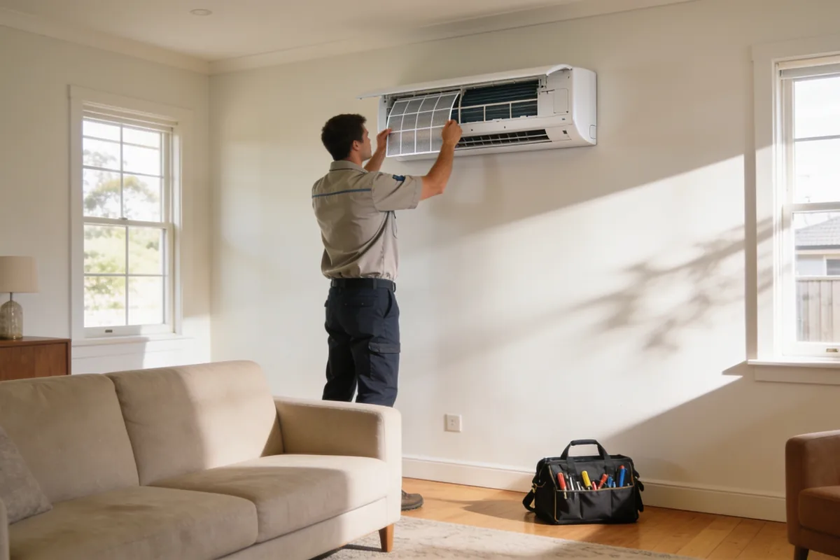A technician in plain work clothes removing or inspecting the filter of a wall-mounted split-system air conditioner in a bright Australian living room