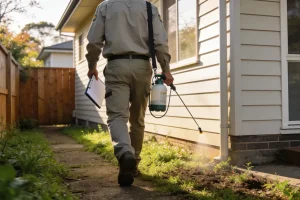 A pest-control technician in plain work clothes walking the outside perimeter of a suburban Australian home with a small spray rig and clipboard on a spring morning