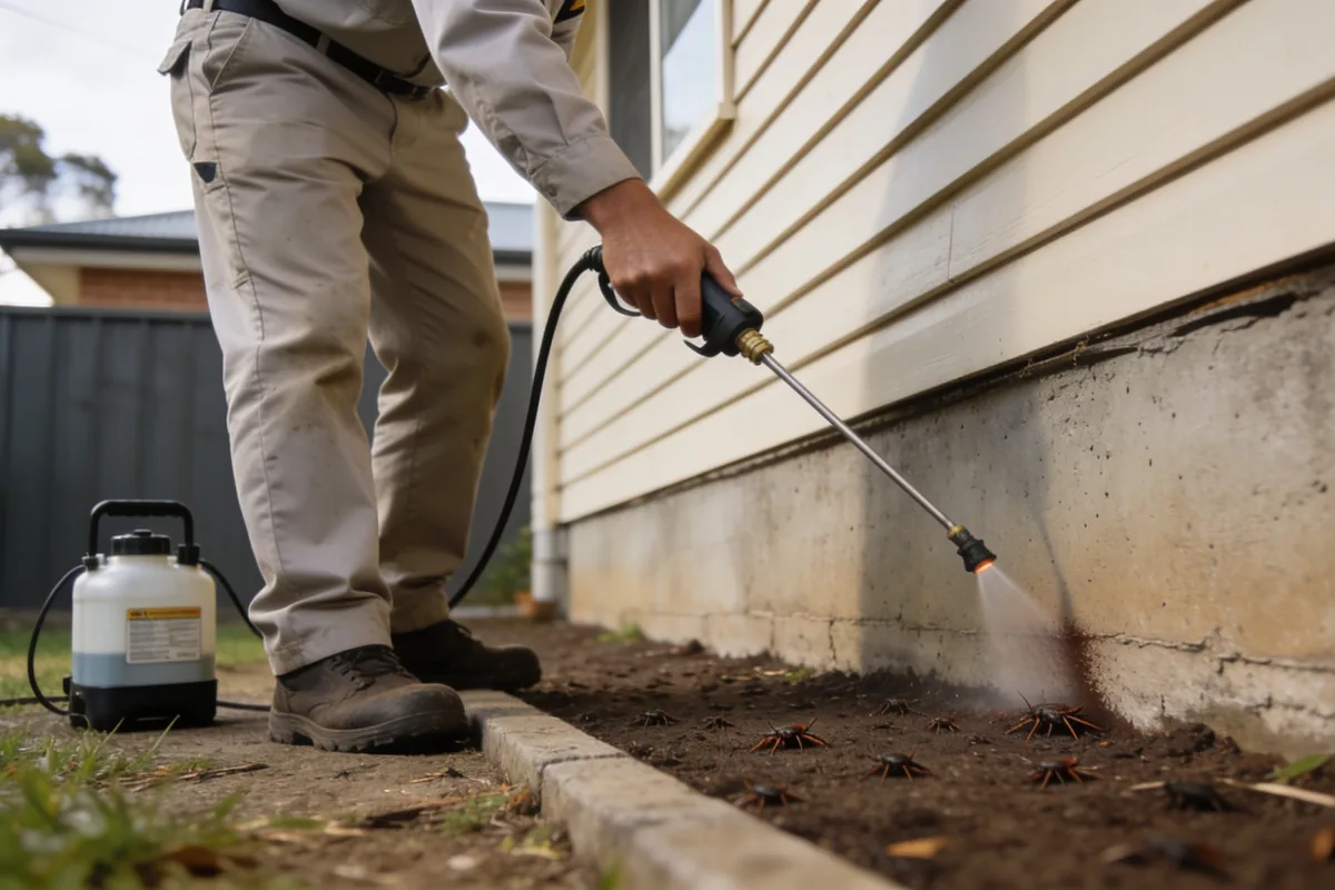 A technician in plain work clothes applying a targeted treatment along the concrete foundation edge of an Australian home with a hand-held applicator
