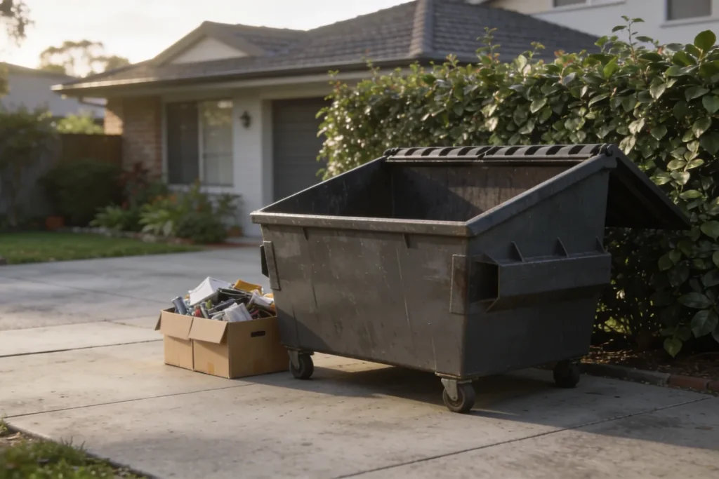 A clean mid-size open-top skip bin sitting on a neat Australian suburban driveway beside a small pile of clear-out items in boxes