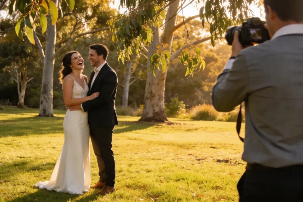 A photographer seen from behind capturing a couple sharing an unposed laughing moment on a lawn at an Australian outdoor wedding in late-afternoon golden light