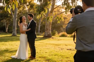 A photographer seen from behind capturing a couple sharing an unposed laughing moment on a lawn at an Australian outdoor wedding in late-afternoon golden light