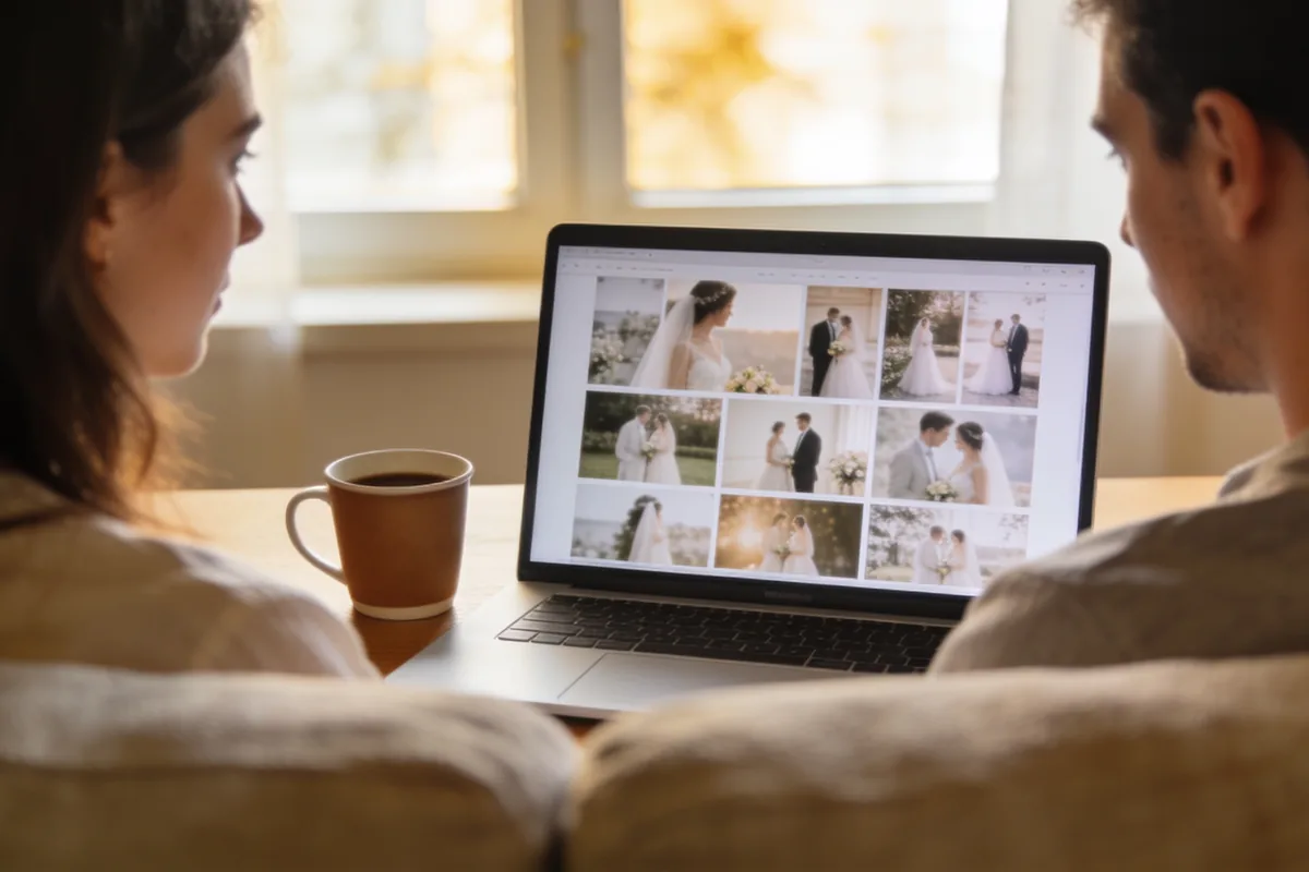 A couple sitting close together on a couch at home in soft window light looking at a laptop showing soft blurred thumbnail wedding photos