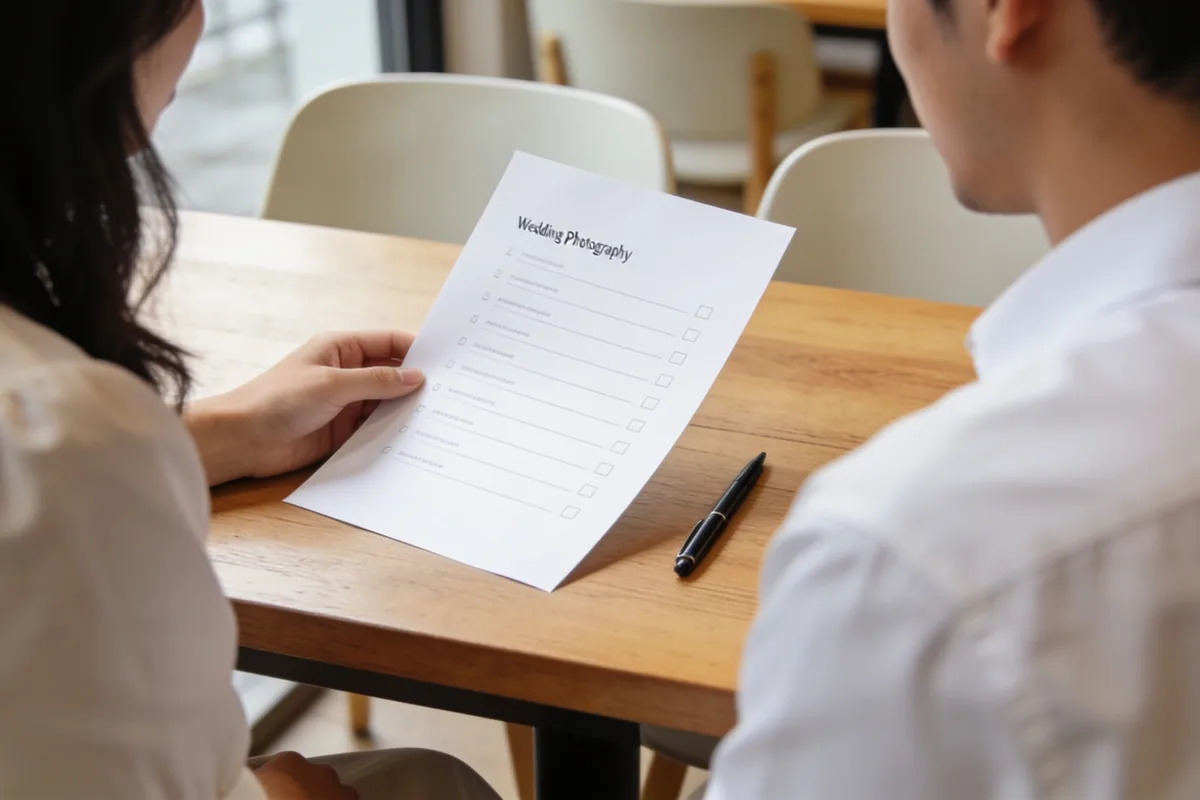 Over-shoulder view of a couple at a cafe table reviewing a short printed wedding photography checklist with a pen beside it