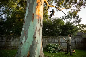 An arborist in a helmet and harness roped into a tall eucalyptus in a suburban backyard, with a groundworker holding the rope line beside a timber paling fence.