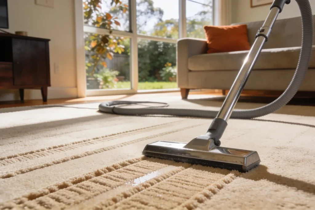 A carpet cleaning wand and hose on freshly cleaned sand-coloured carpet with damp stripes, in a sunny living room with a sofa and garden windows
