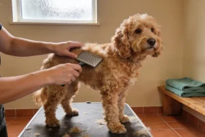A groomer's hands brushing a calm apricot cavoodle with a slicker brush on a grooming table, folded green towels on a bench nearby