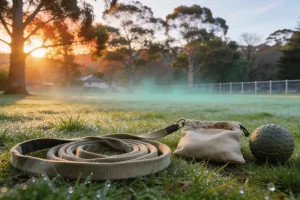A coiled training lead, a treat pouch and a rubber ball on dewy grass at a park at sunrise