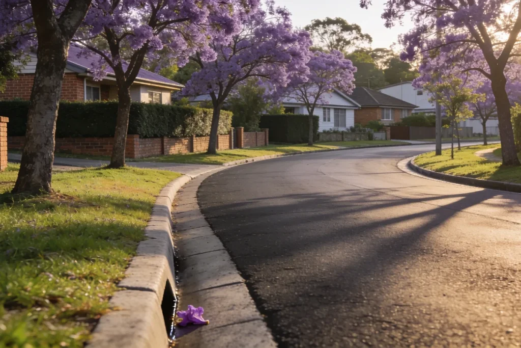 Empty curving residential street in a leafy suburb in early morning, purple jacaranda trees in bloom along grass nature strips, brick homes behind hedges and a fallen blossom in the concrete gutter