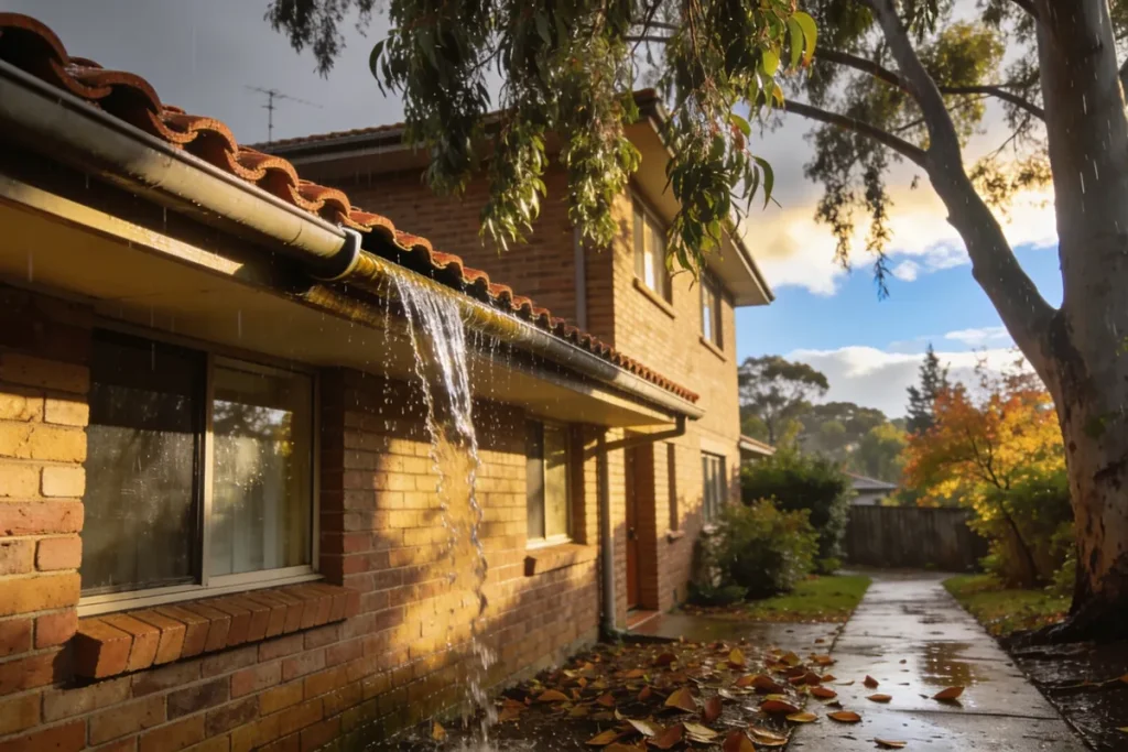 Rainwater spilling over an overflowing gutter on a brick home after a storm, a eucalypt overhanging and wet leaves on the path