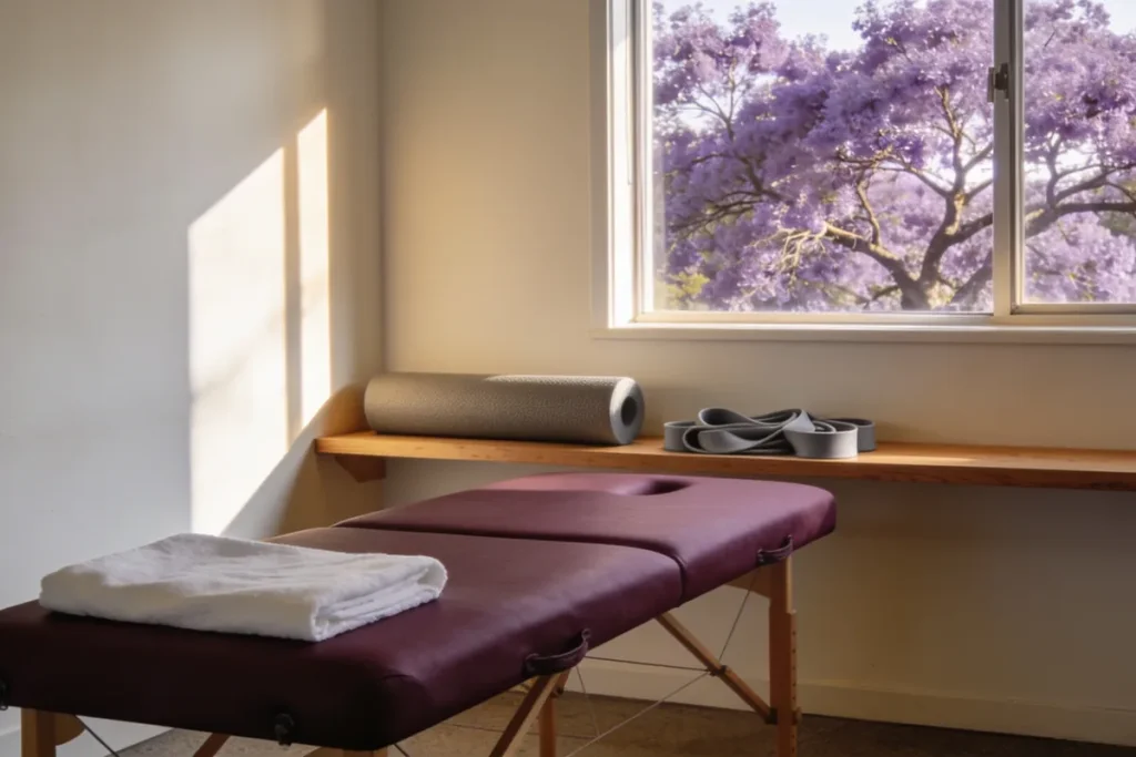 An empty treatment room with a padded table and folded towel, a foam roller and resistance bands on a shelf and a flowering jacaranda outside