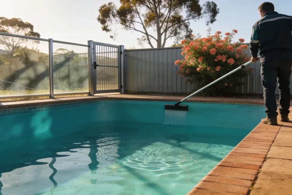 A pool technician seen from behind brushing the wall of a backyard in-ground pool, with a glass pool fence and self-closing gate and gum trees beyond