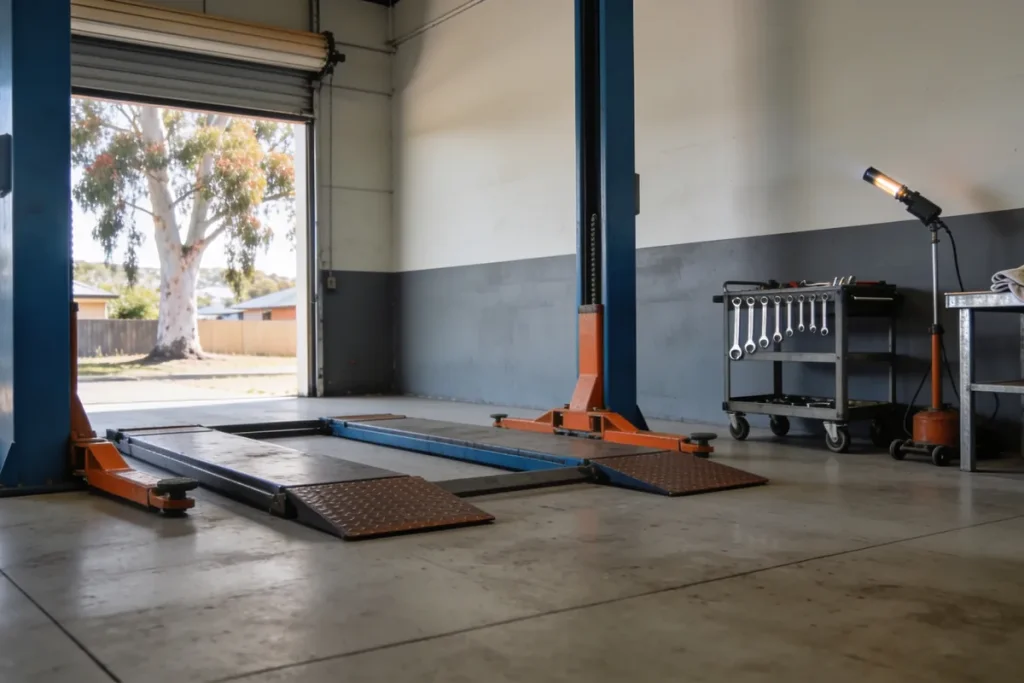An empty vehicle hoist in a quiet workshop with a tool trolley of spanners, an inspection lamp and a folded rag on the bench