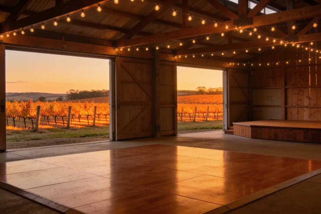 An empty winery reception barn at dusk with festoon lights, a polished dance floor and a low timber stage, vineyards glowing through open doors