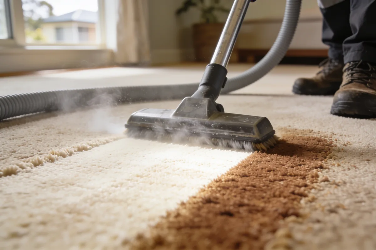 A hot water extraction wand mid-pass on beige carpet, leaving a clean bright strip beside soiled pile, with the technician's boots in the background