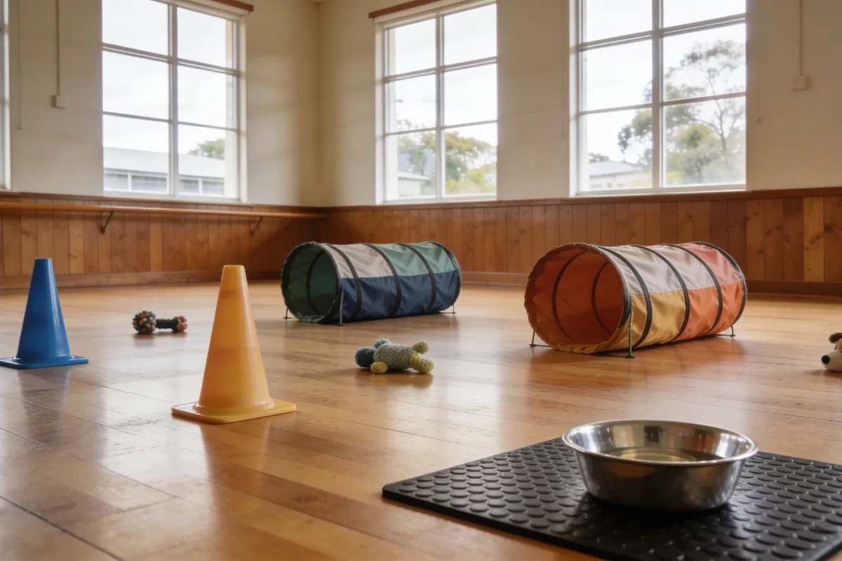 An empty community hall set for a puppy class with cones, small agility tunnels, toys and a water bowl on a rubber mat