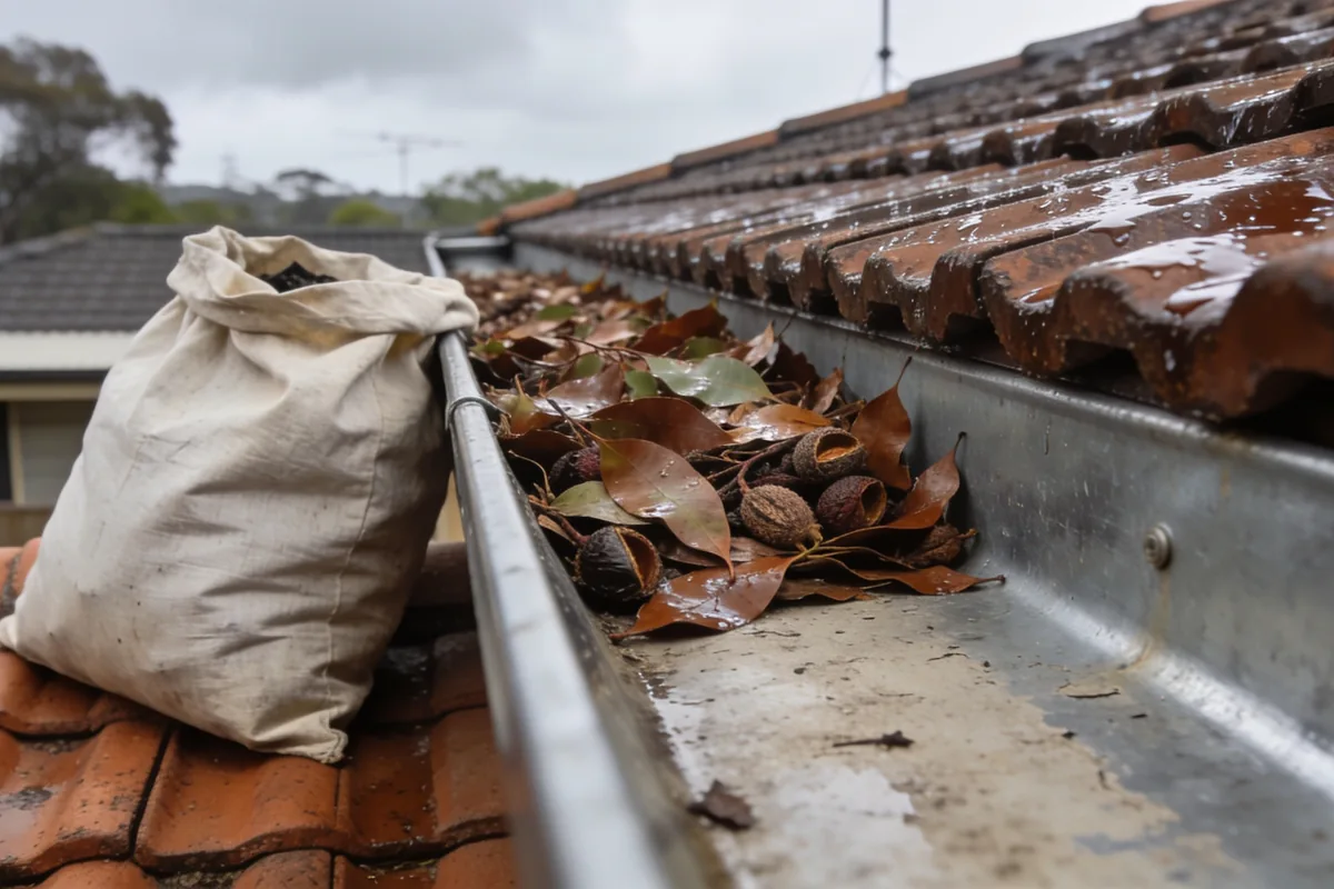 A roof gutter beside terracotta tiles with wet leaves and seed pods at the far end and the near end scraped clean, a canvas debris bag on the tiles