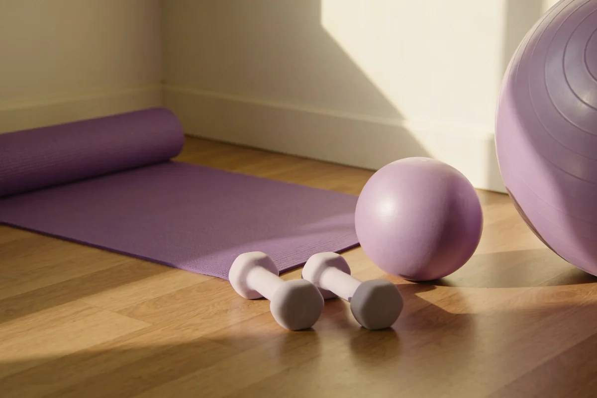 A clinic corner with a purple yoga mat, an exercise ball, a small ball and two light dumbbells on a timber floor