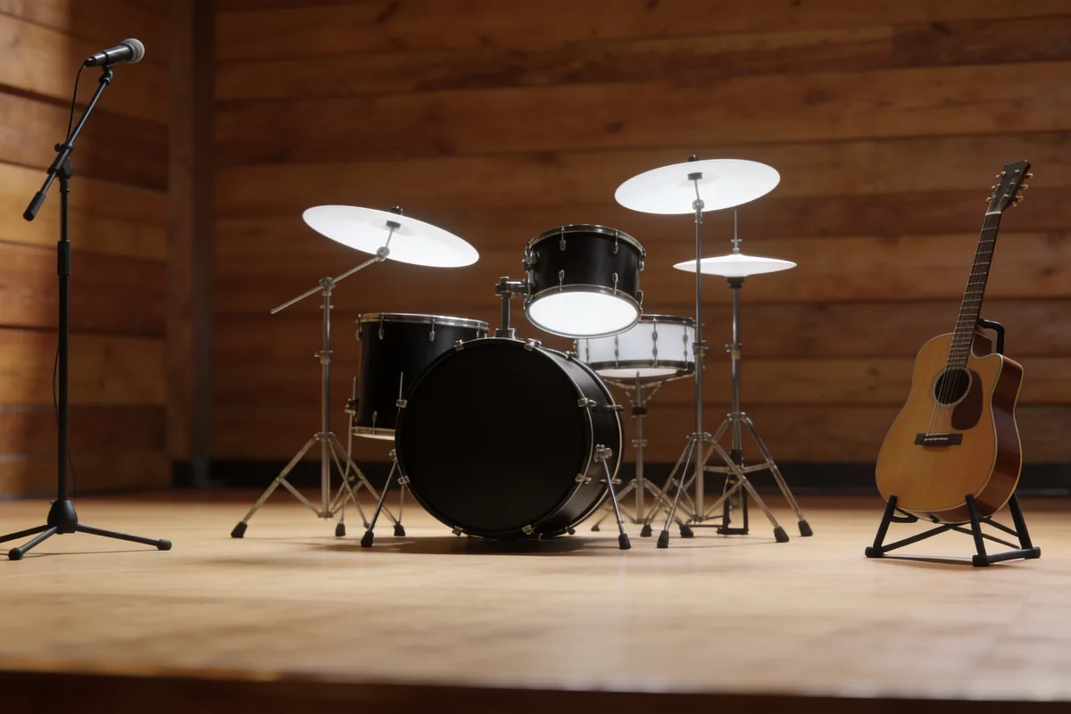 An empty stage set with a drum kit, an acoustic guitar on a stand and a microphone stand